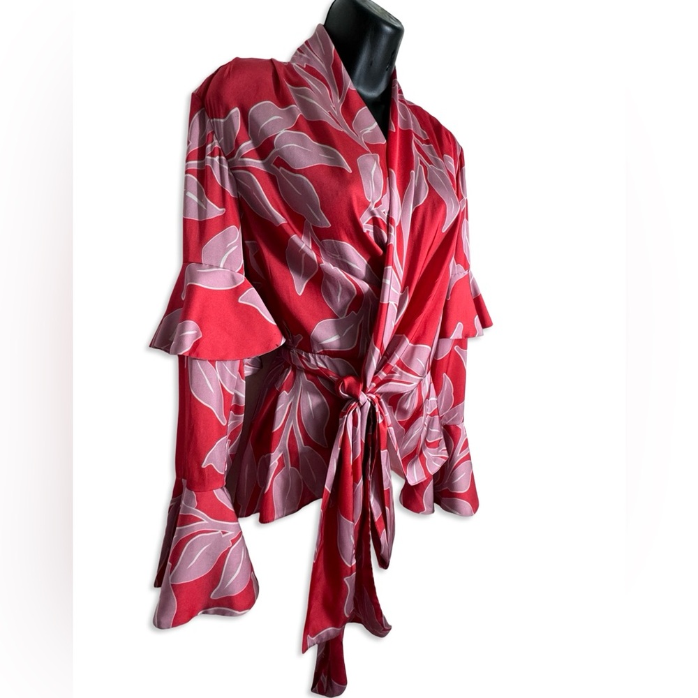 PAT BO Women's Red & Pink Floral Wrap Blouse w/Tie & Double Bell Sleeves